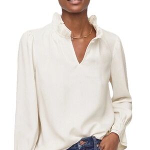 J Crew Ruffle Neck Key Hole Top Blouse Long Ruffle Sleeve Ivory Crepe Large